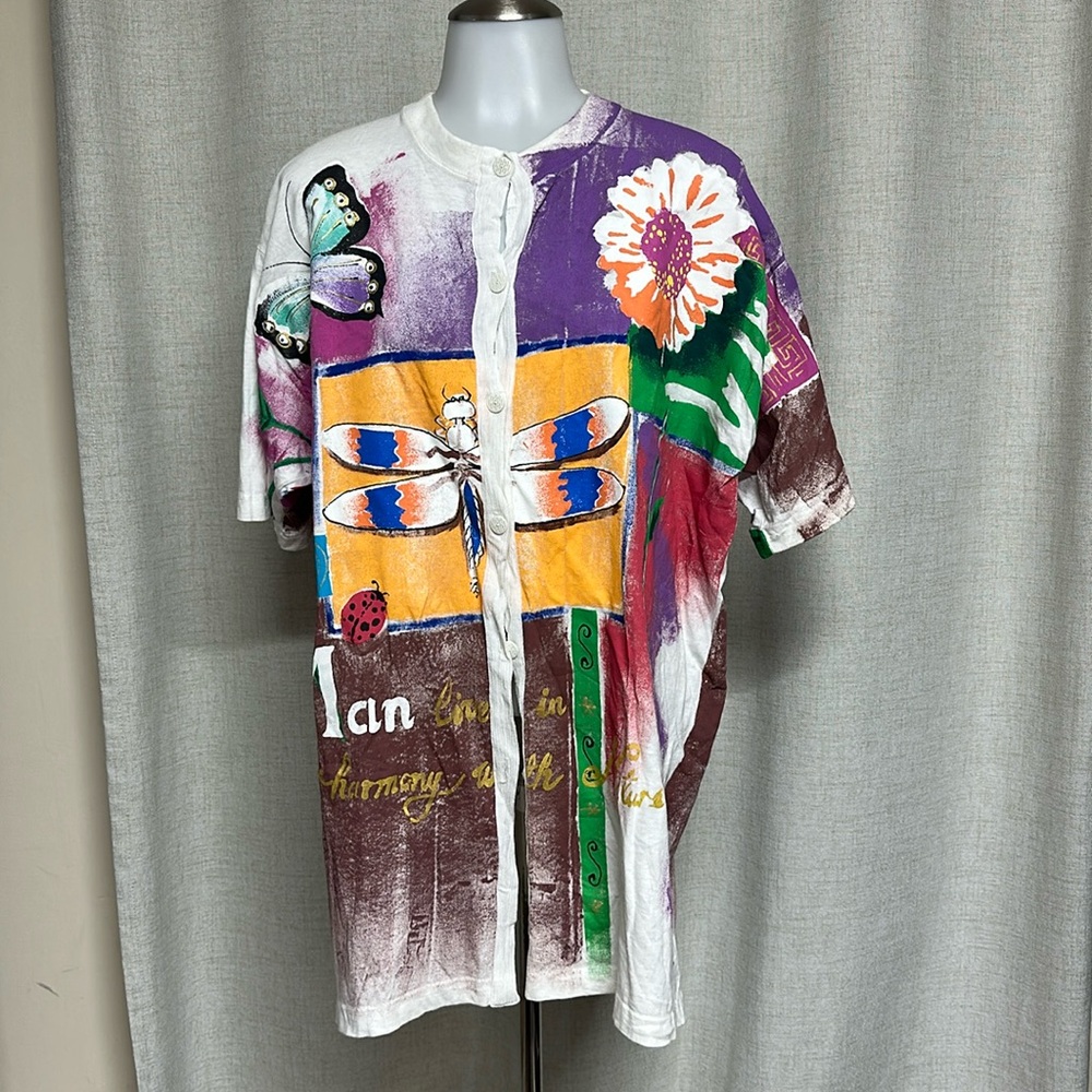 * SALE KOLORWAYS USA button down T shirt ART painted butterfly dragonfly floral